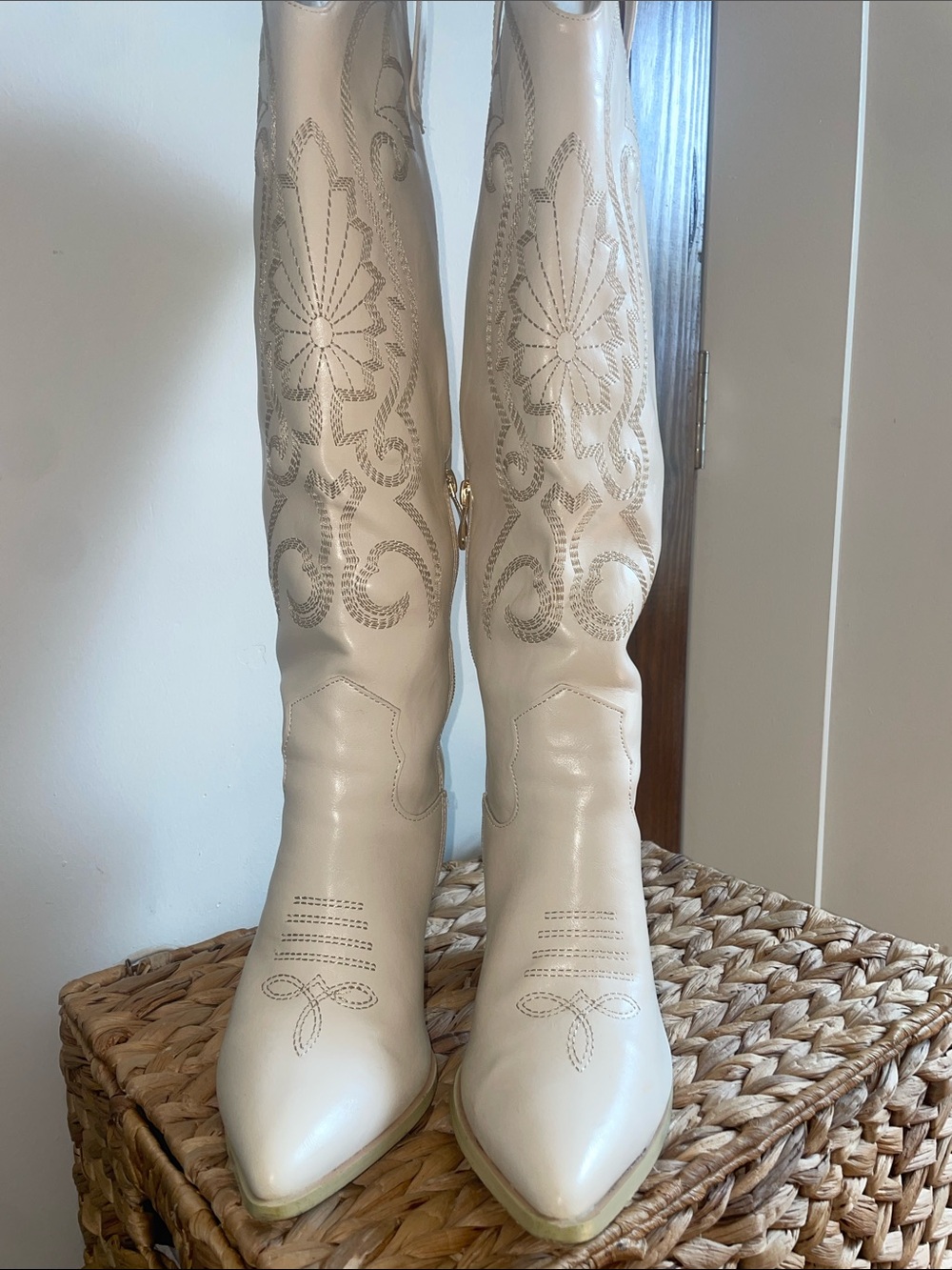 Women's White Embroidered Western Knee-High Boots